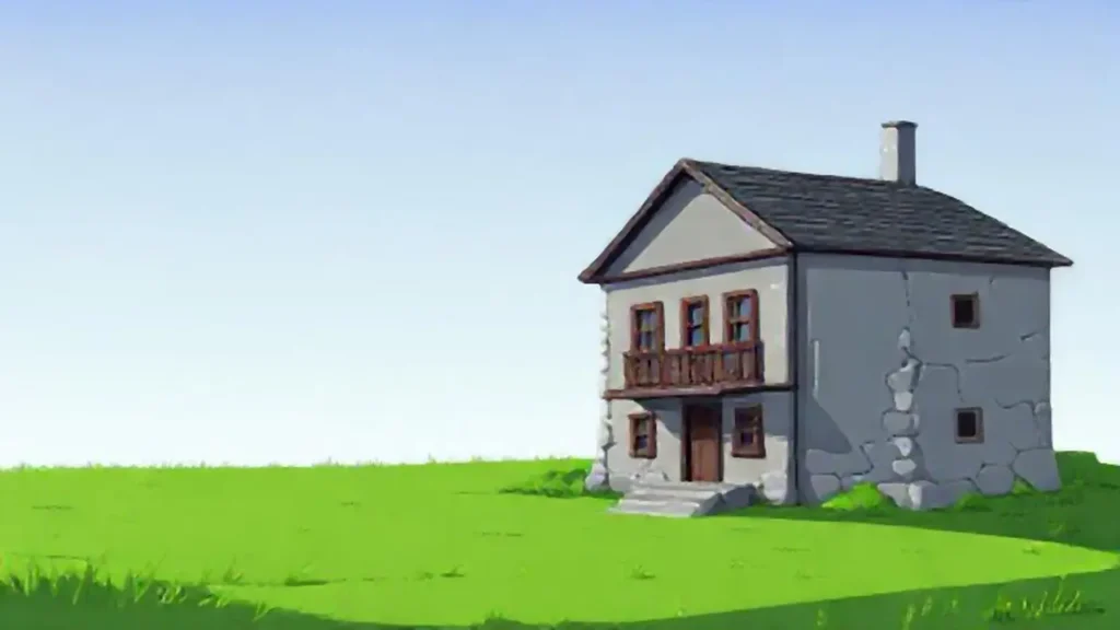Edificio gris junto a campo verde