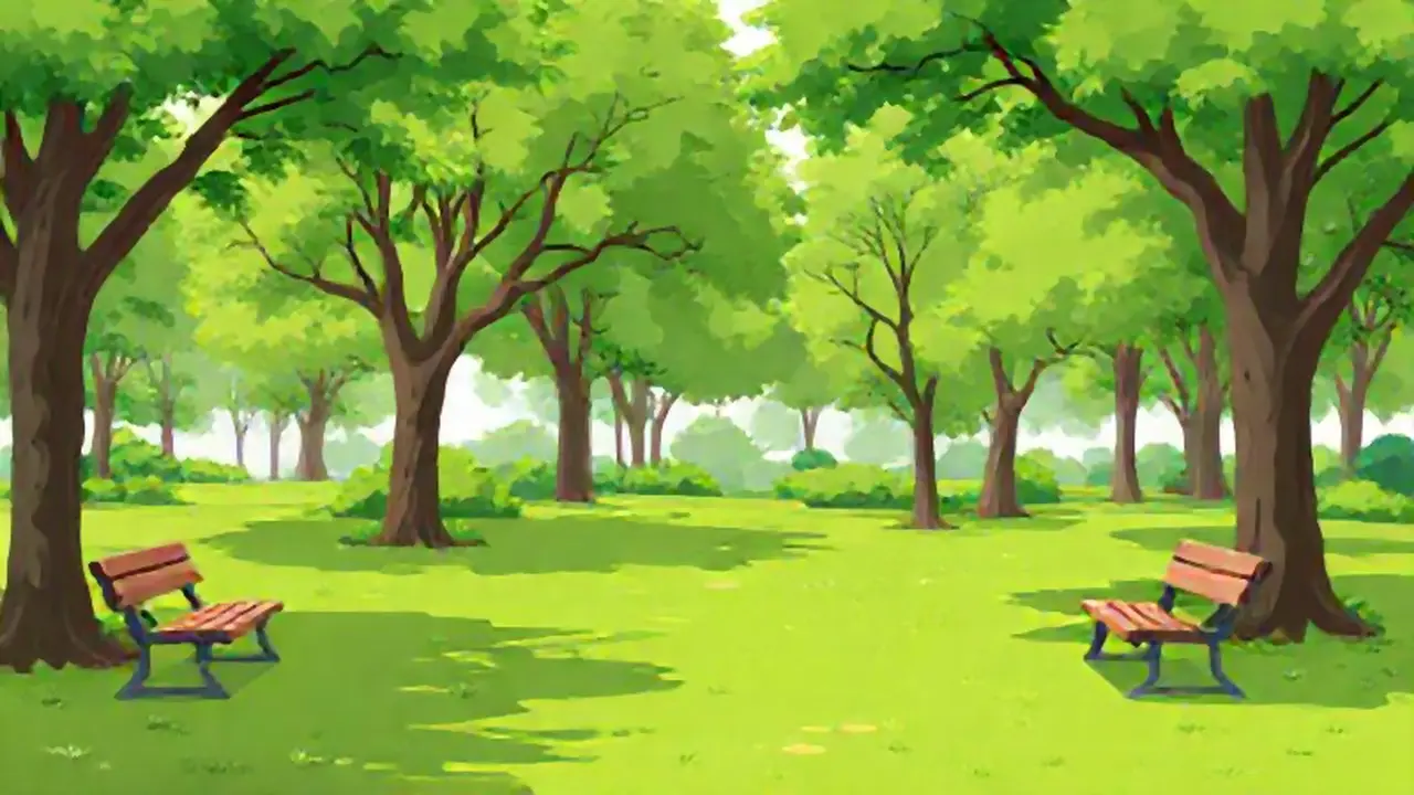 Parque verde con bancos vacíos