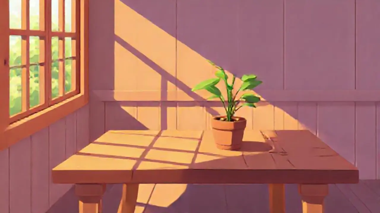 Mesa de madera iluminada por el sol con planta