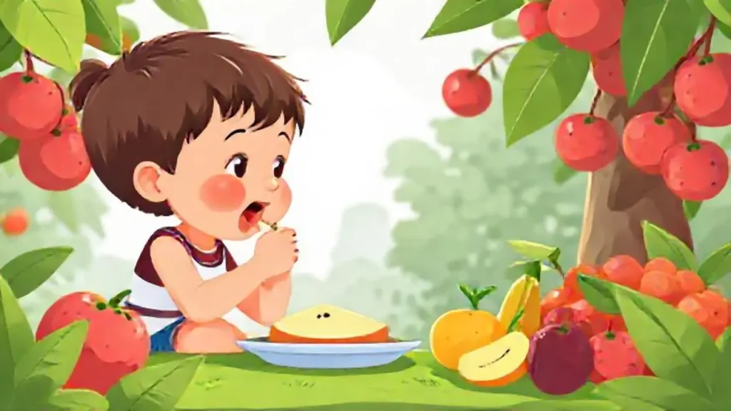 Niño come fruta al aire libre