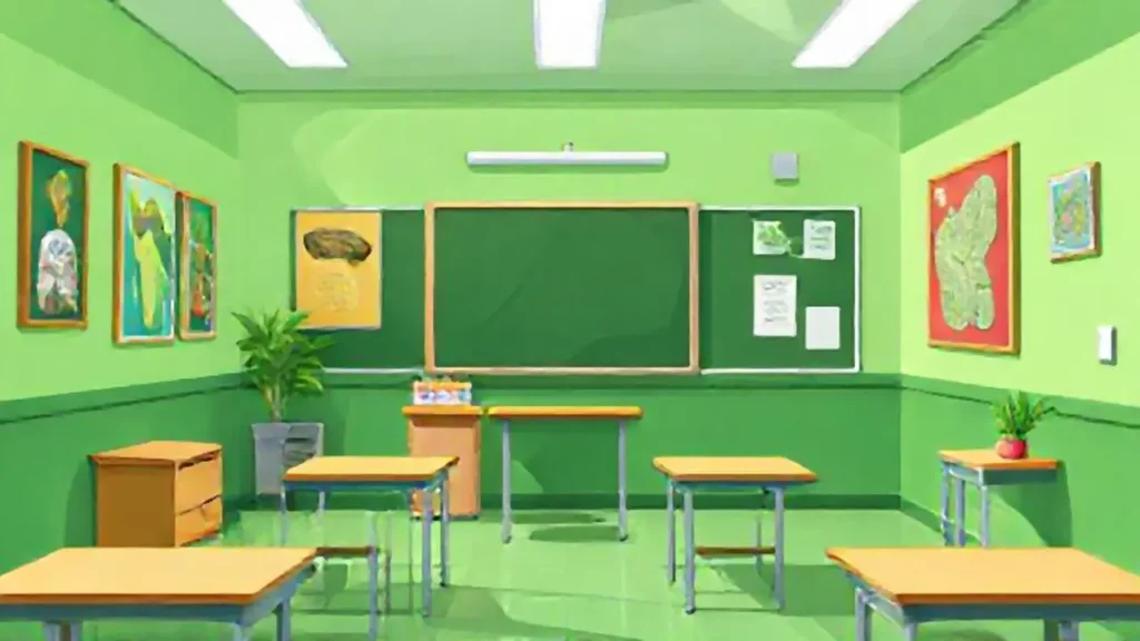 Aula verde con carteles luminosos