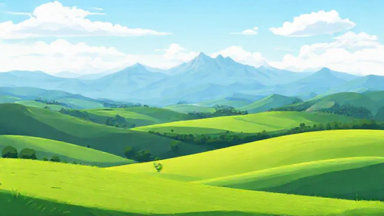 Campos verdes, montañas lejanas