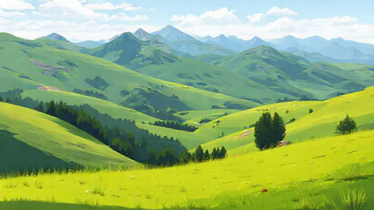 Pradera verde con montañas lejanas