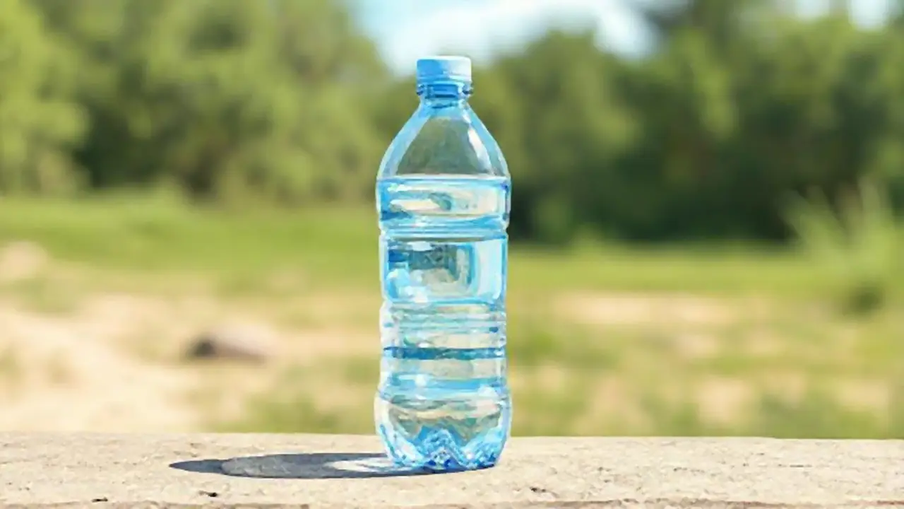 Botella azul transparente al aire libre