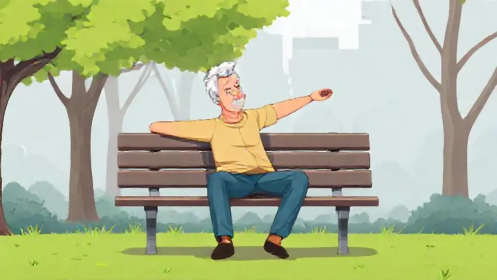 Un anciano se estira en un banco del parque
