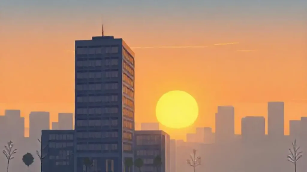El amanecer ilumina un edificio gris
