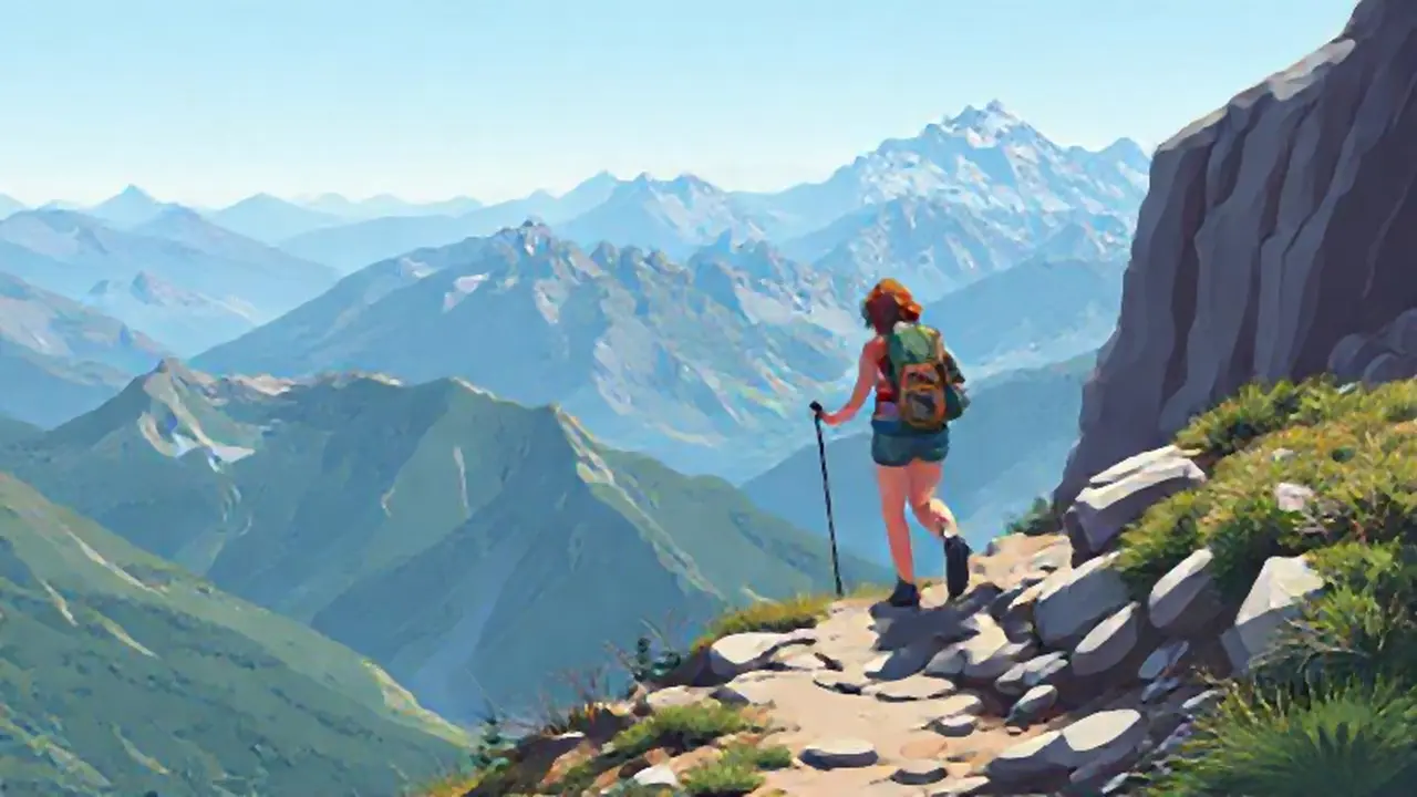 Mujer caminando por la montaña