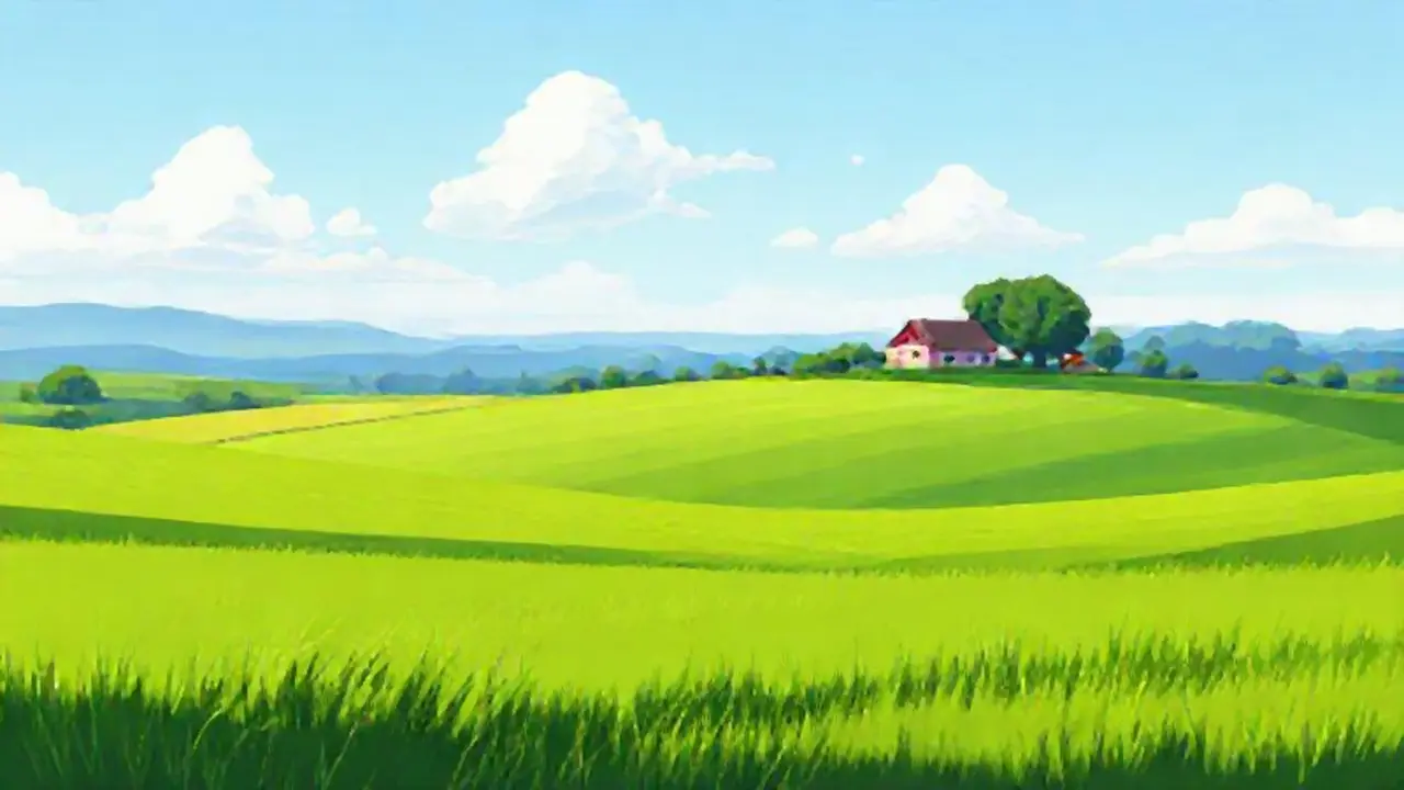 Campos verdes y casa lejana