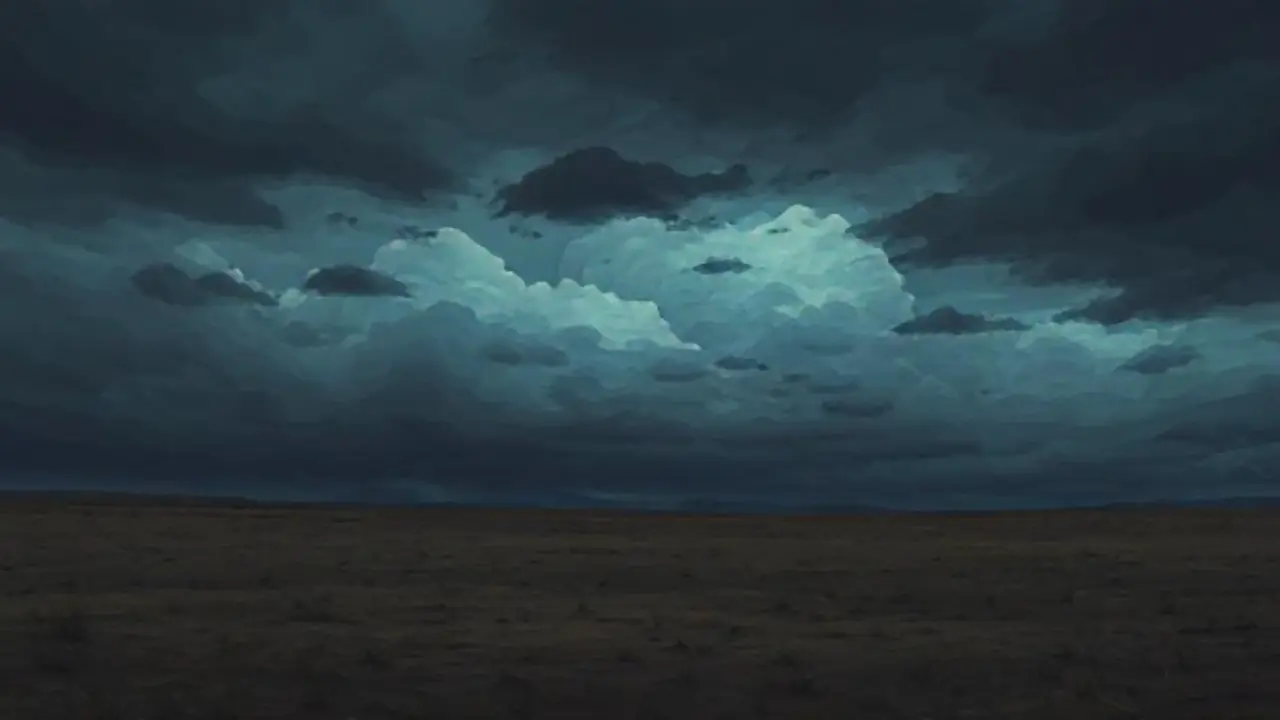 Cielo oscuro sobre campo árido