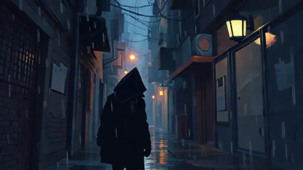 Figura oscura en callejón lluvioso