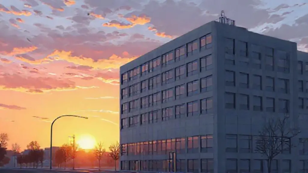 El amanecer ilumina un edificio gris
