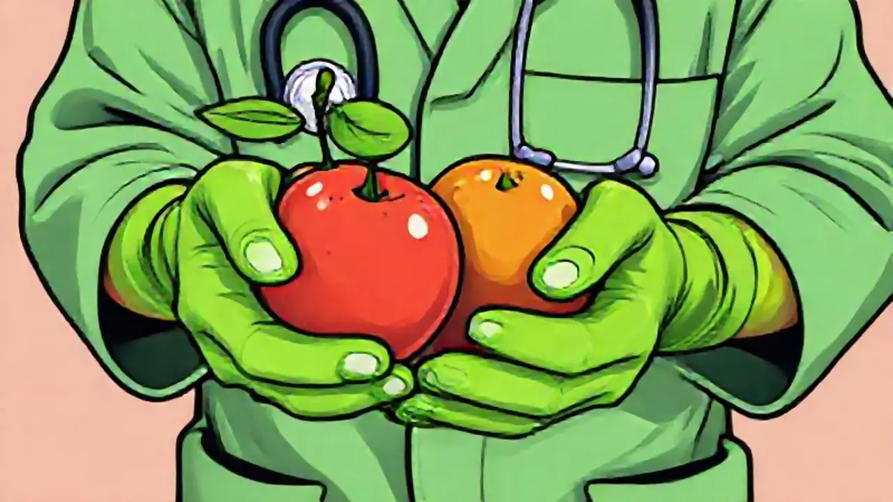 Médico con manos verdes sostiene fruta