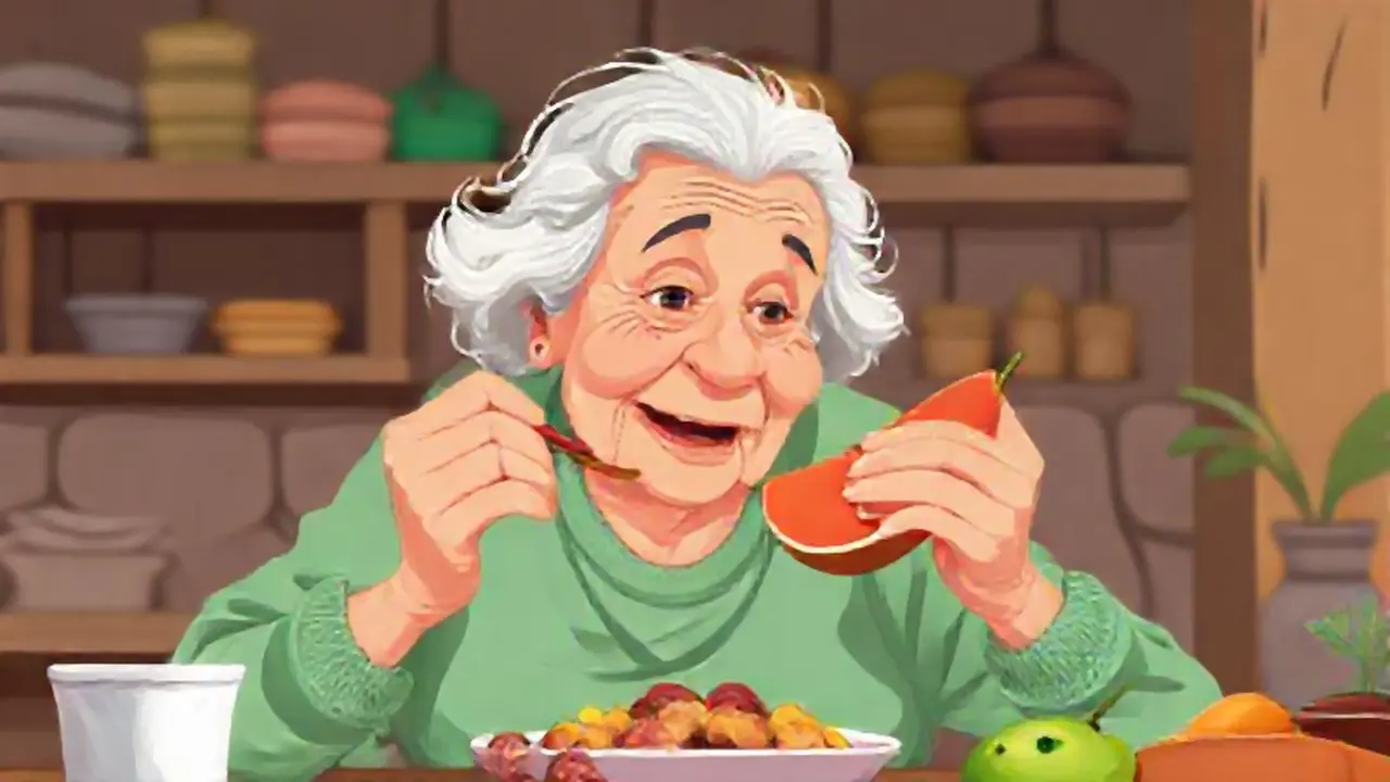 Mujer mayor come fruta