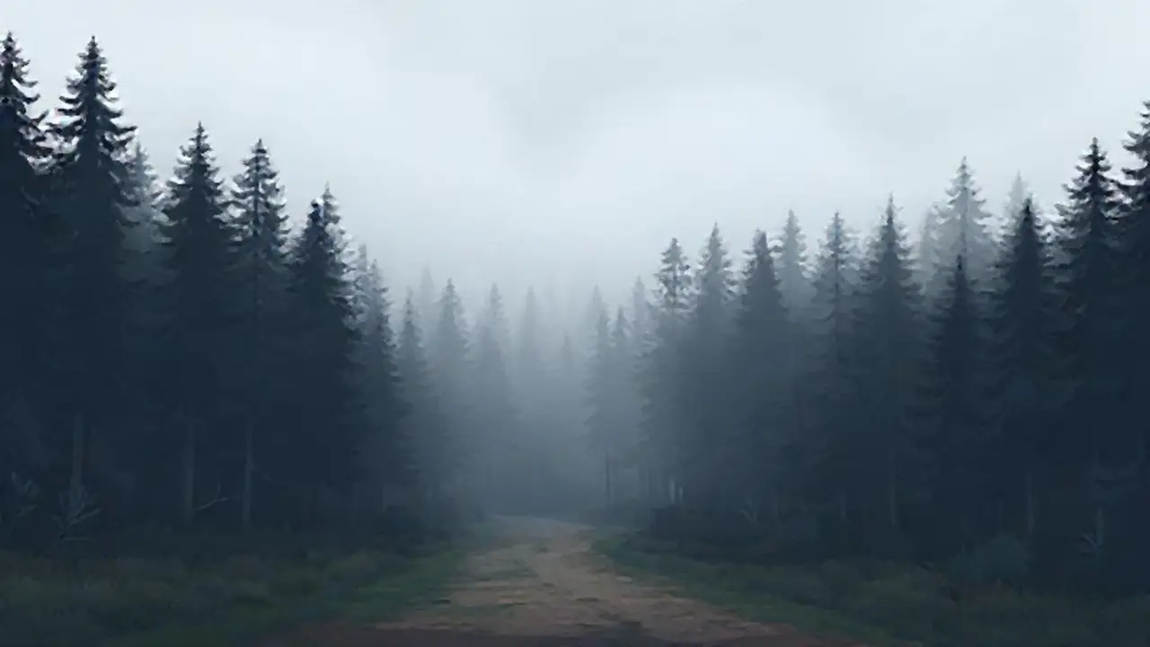 Niebla gris sobre un sendero forestal