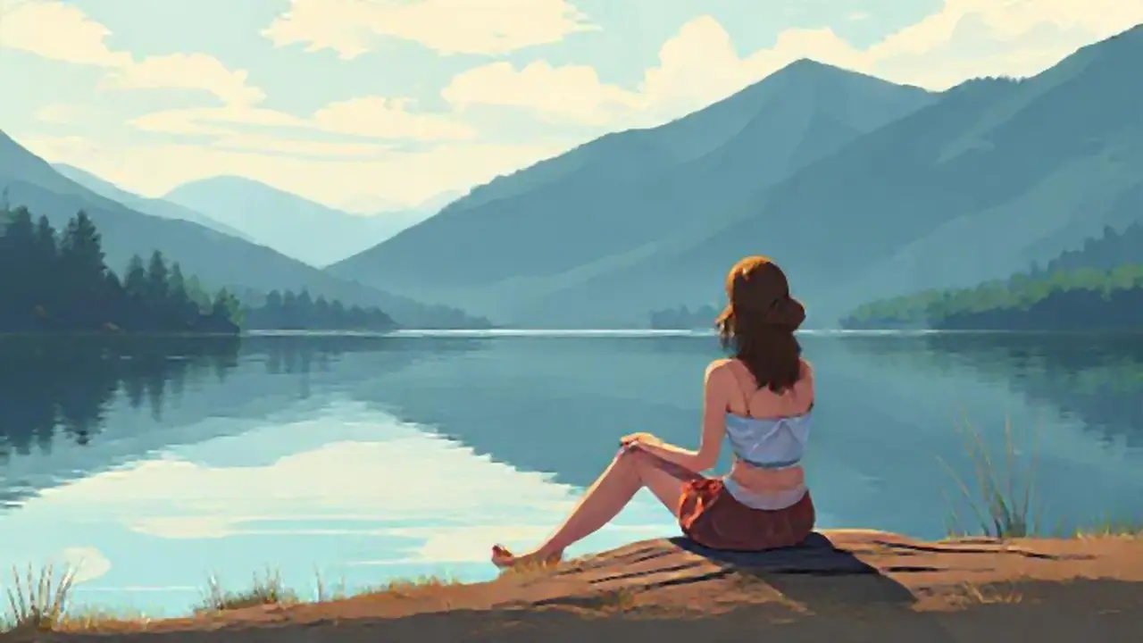 Mujer junto a un lago tranquilo