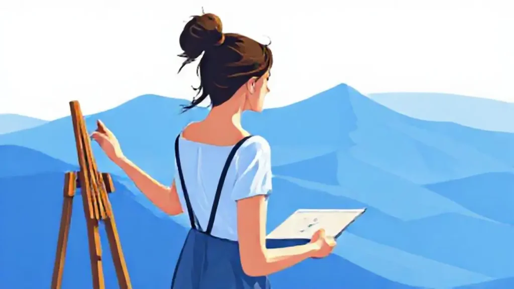 Mujer pinta montañas azules