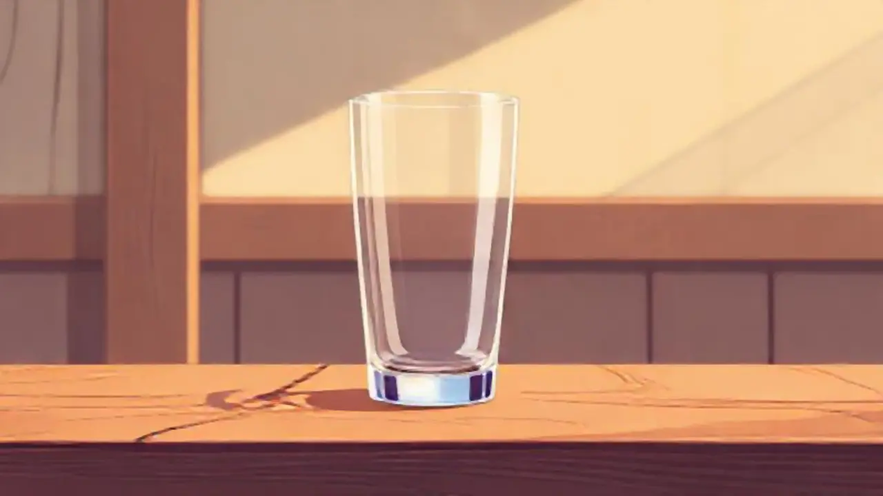 Un vaso vacío sobre una mesa de madera