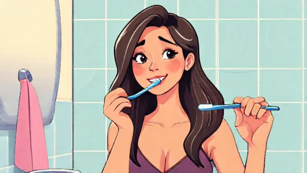 Mujer cepillándose los dientes en el baño