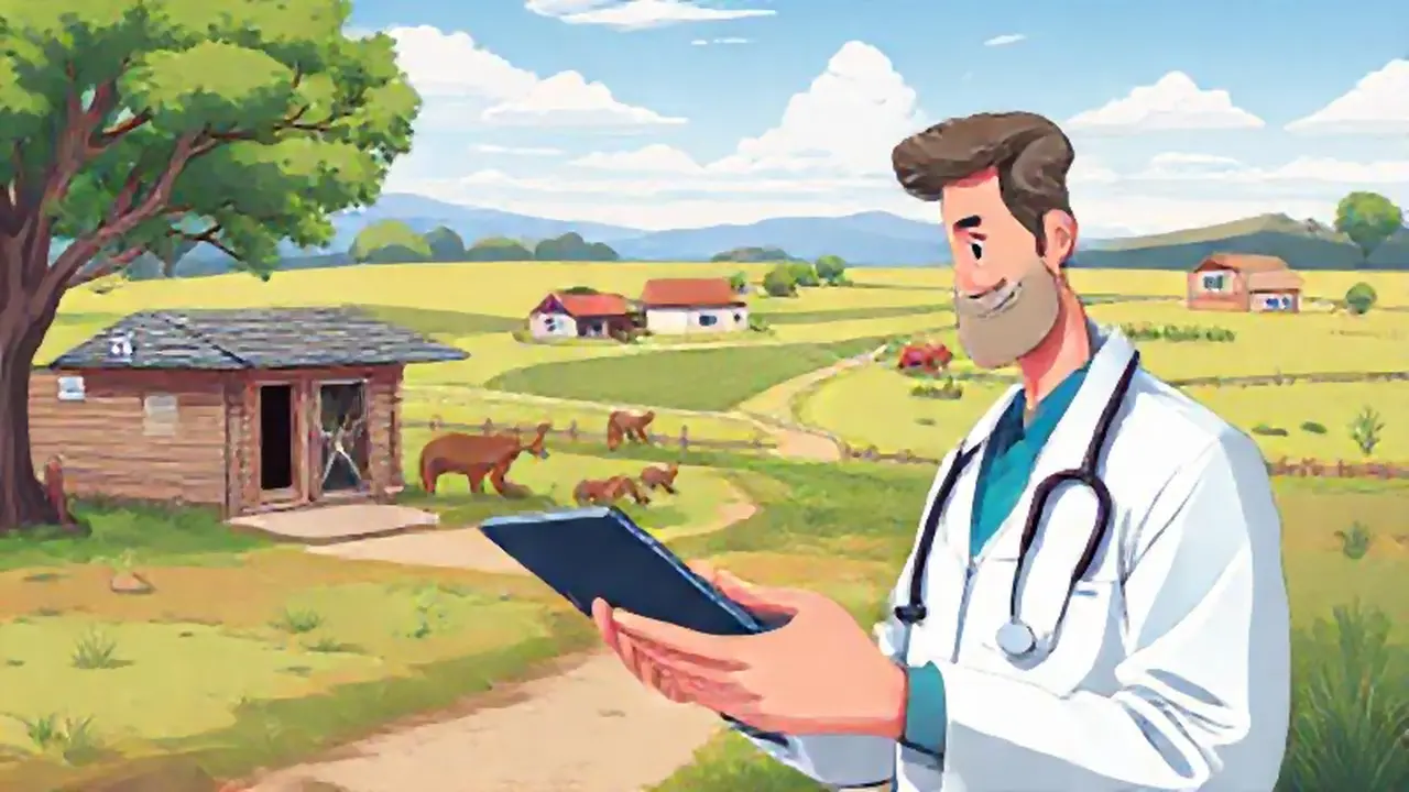 Médico en clínica rural con tablet