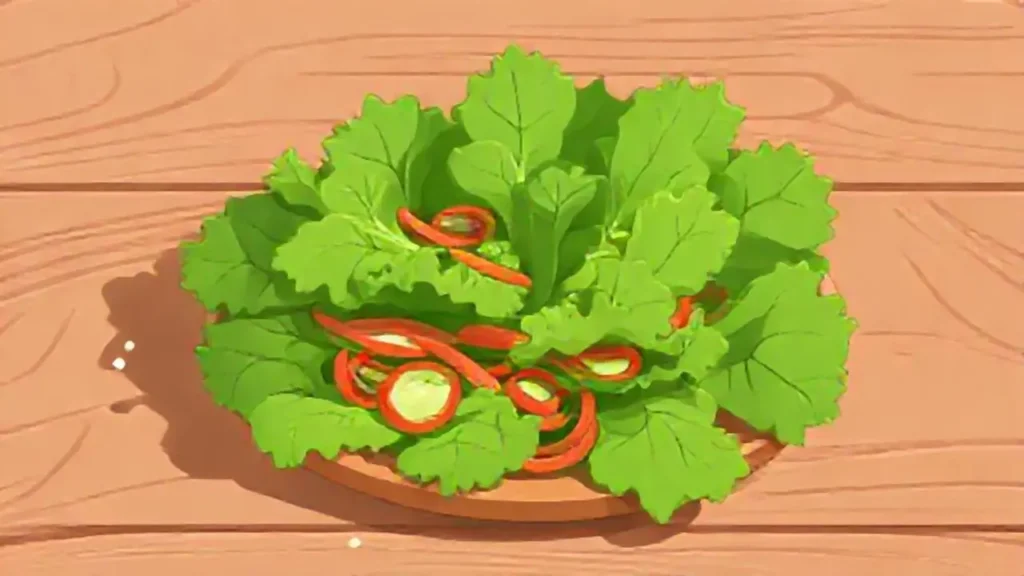 Ensalada verde sobre mesa de madera