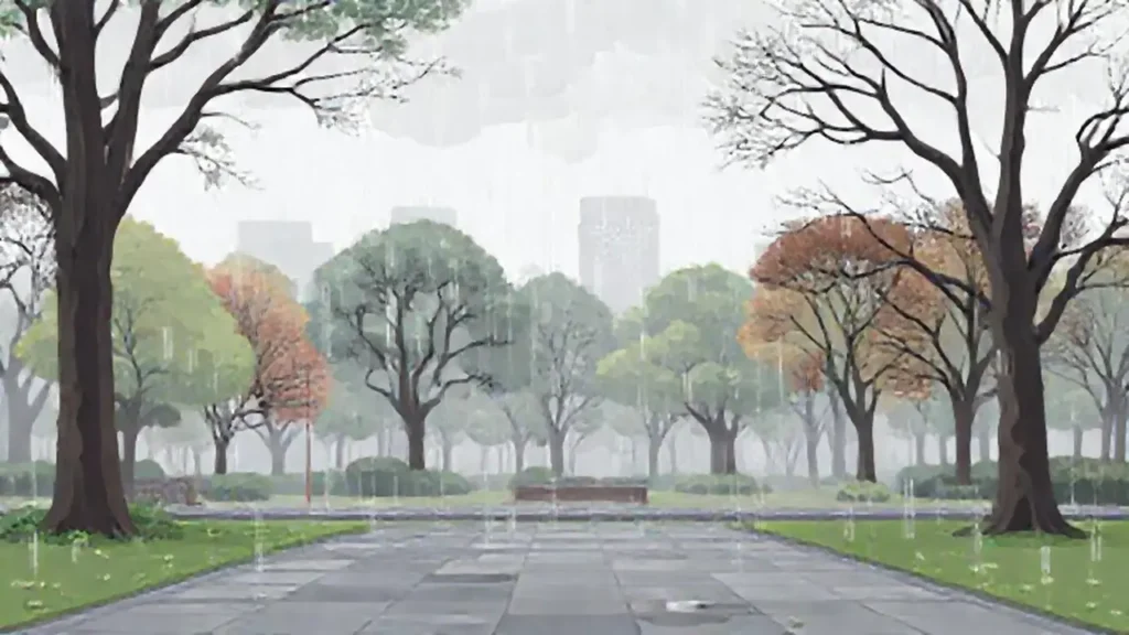 Lluvia gris sobre un parque vacío