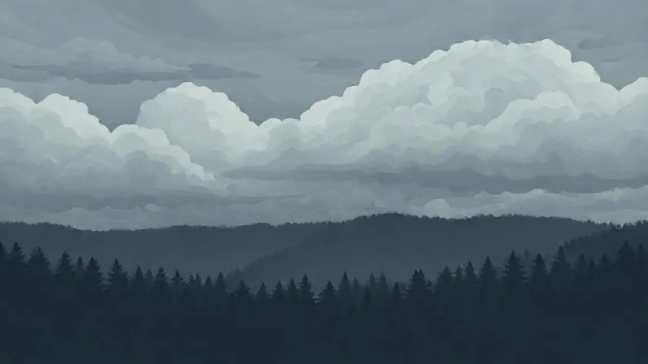 Nubes grises sobre un bosque oscuro