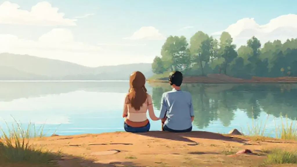 Dos personas junto a un lago tranquilo
