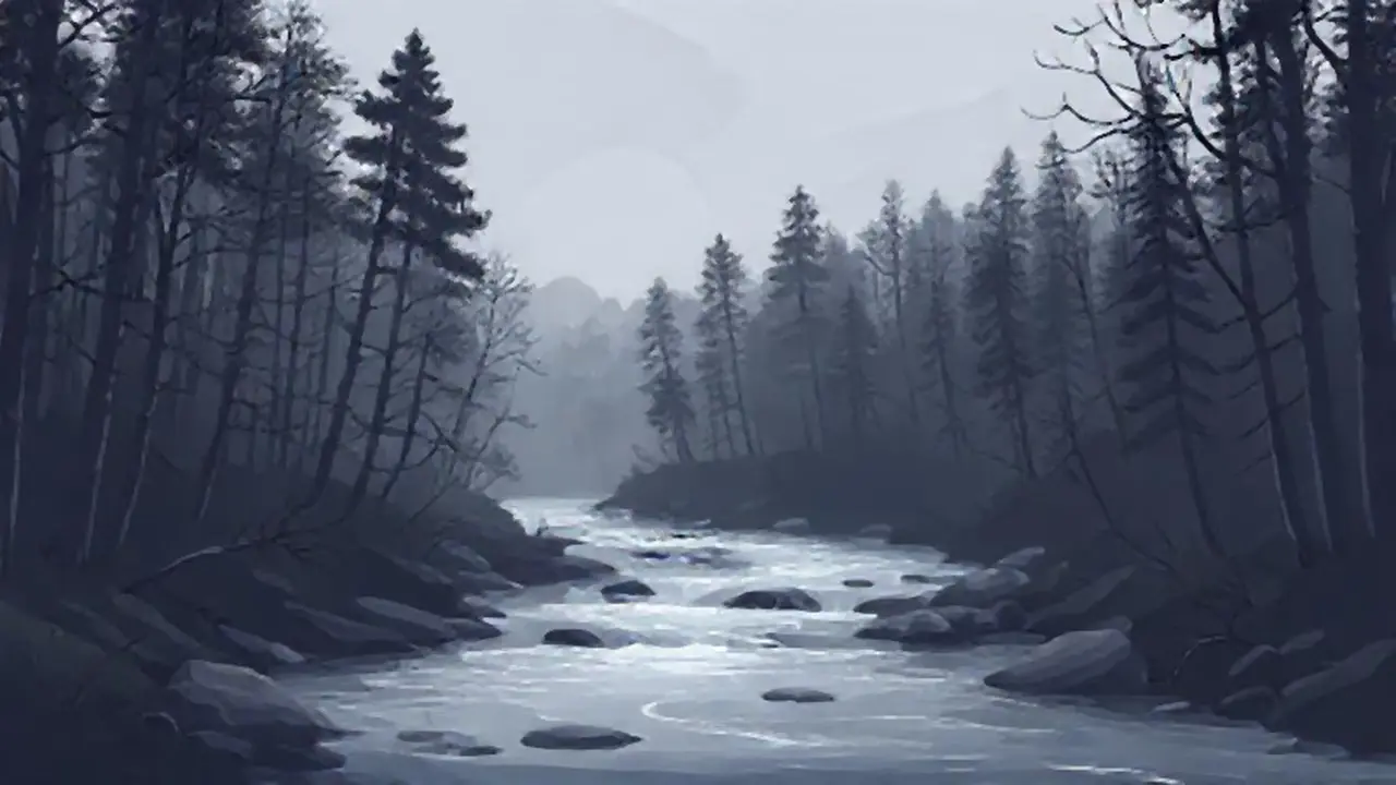 Río gris entre árboles oscuros