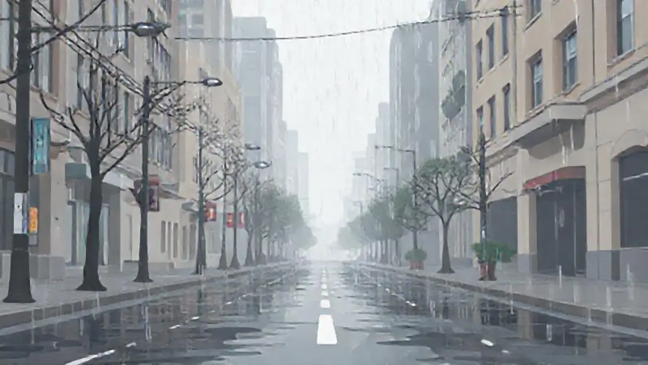 Lluvia gris cae sobre una calle vacía