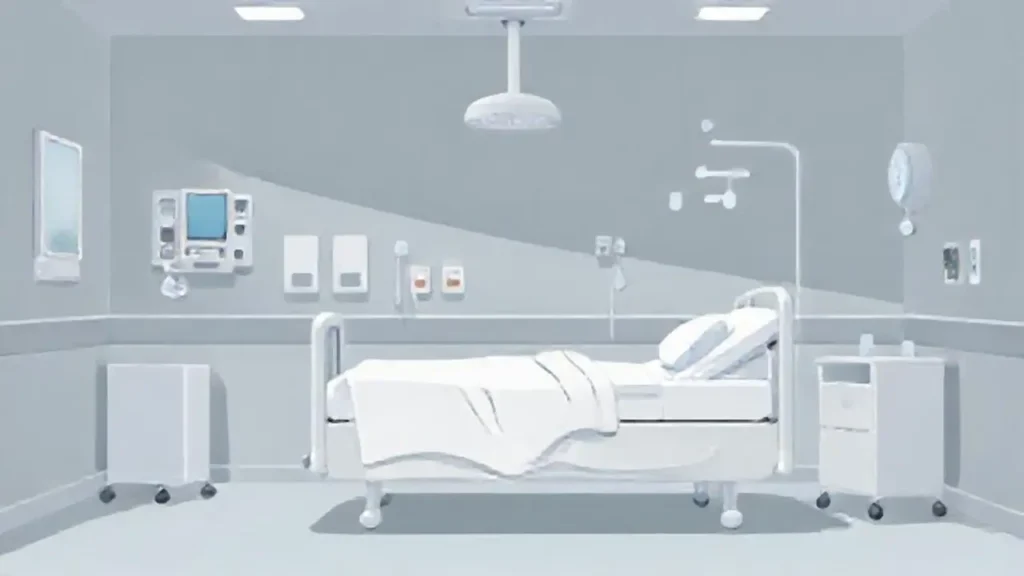 Habitación de hospital gris con una cama individual
