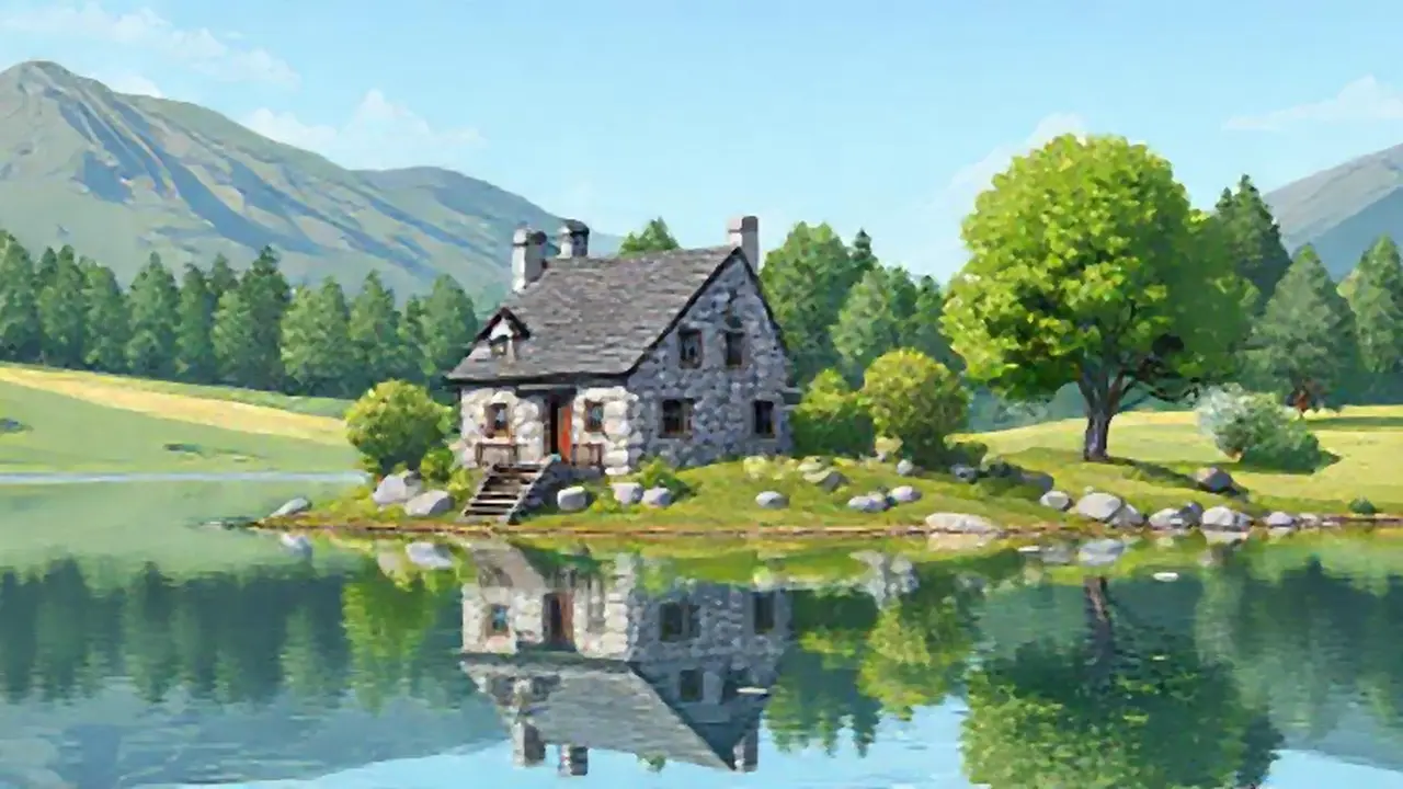 Casa de piedra gris junto al lago tranquilo