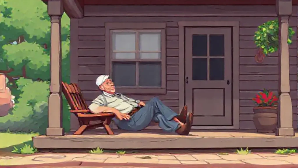 El anciano descansa en el porche