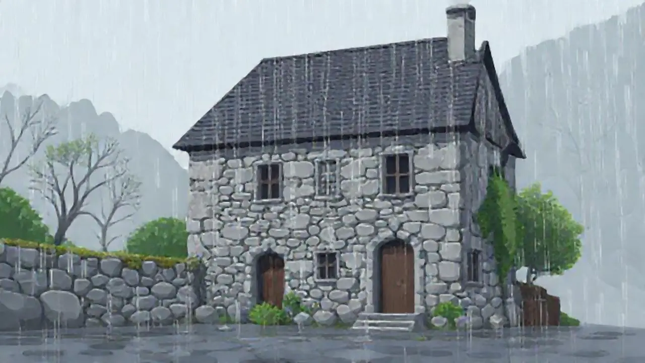 Edificio gris en la lluvia