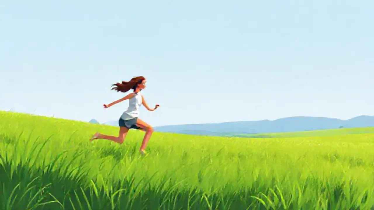 Mujer corre por el campo verde