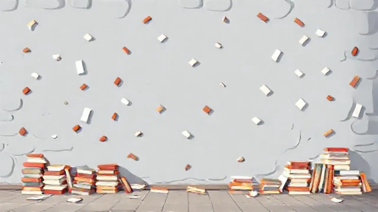Pared gris con libros dispersos