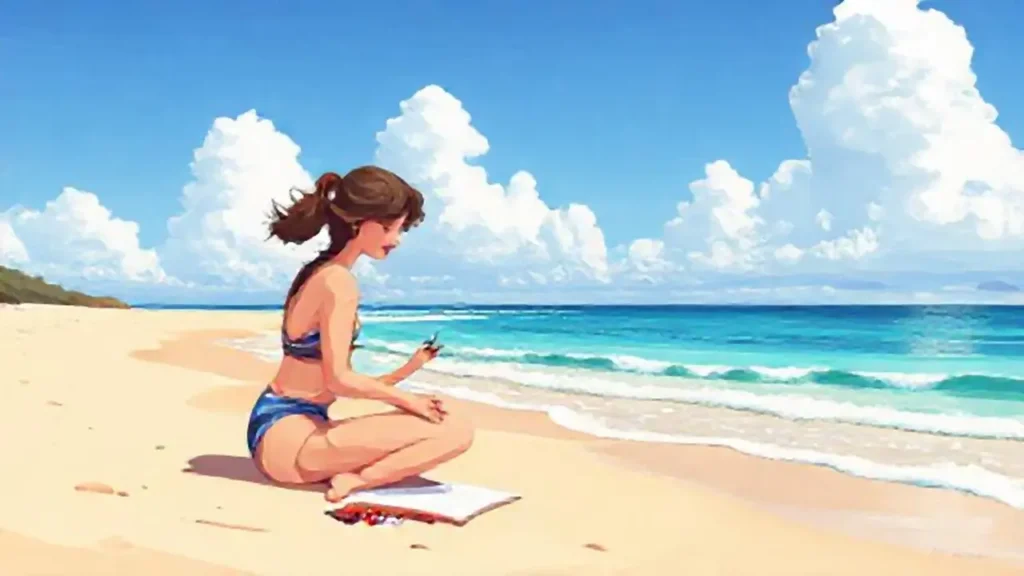 Mujer escribiendo en la playa