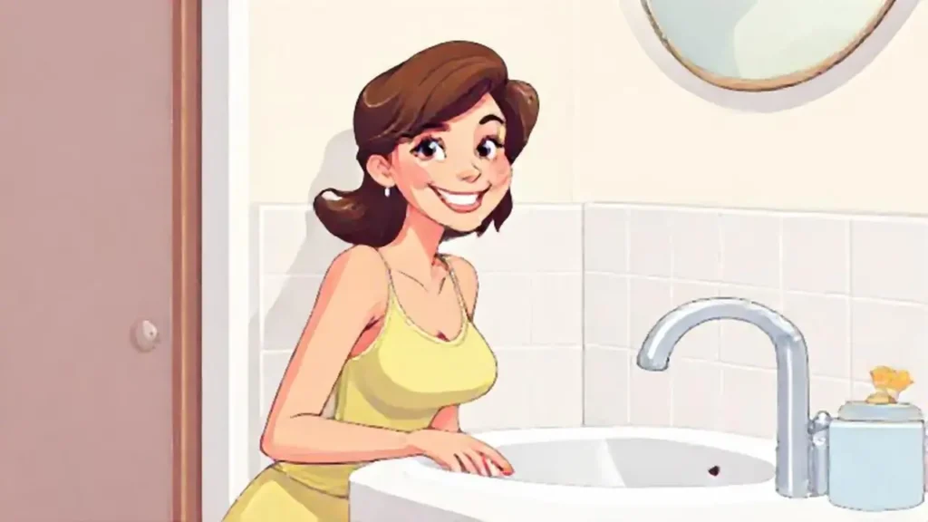 Mujer sonriente junto a un lavabo blanco