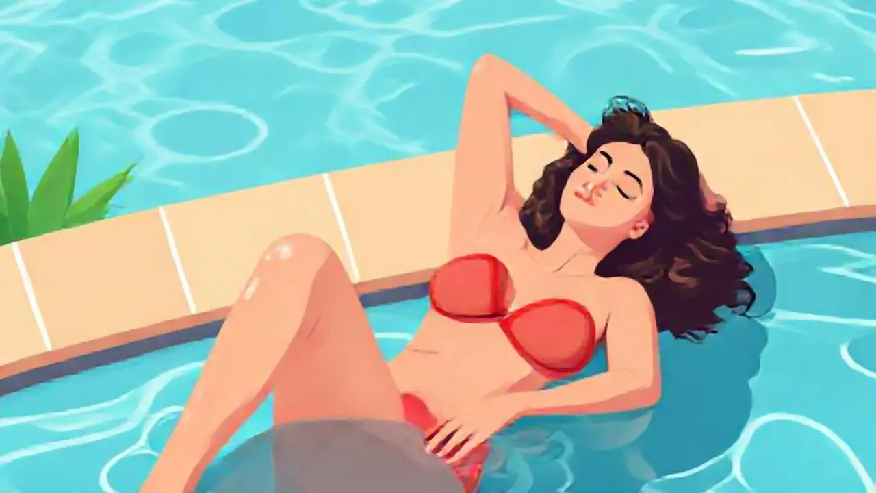 Mujer descansando junto a la piscina