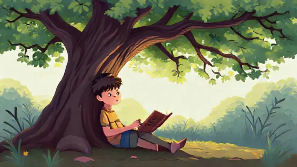 Un niño lee bajo un árbol