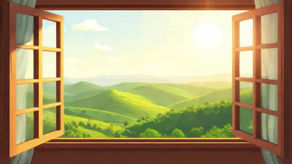 Ventana soleada con vistas a verdes colinas