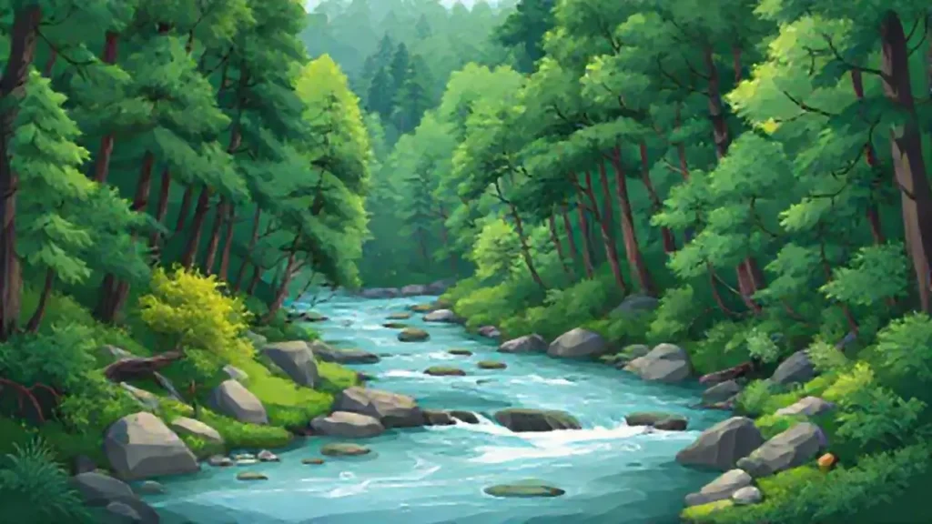 Bosque verde y río fluyendo