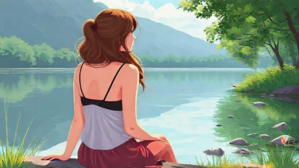 Mujer junto al río tranquilo