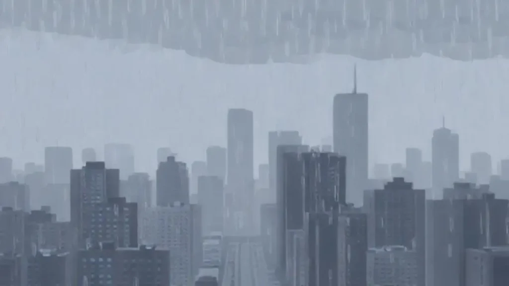 Ciudad gris bajo lluvia intensa