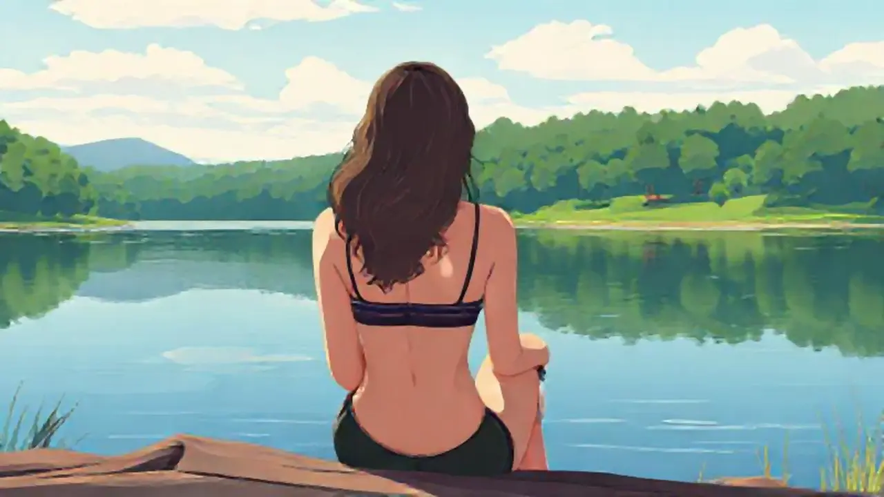 Mujer junto al lago tranquilo