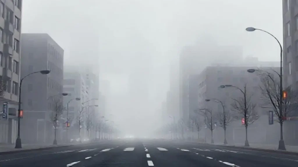 Niebla gris sobre calles vacías
