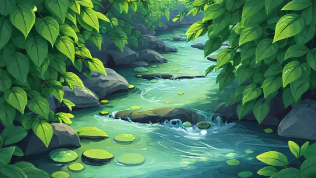 Hojas verdes y río fluyen