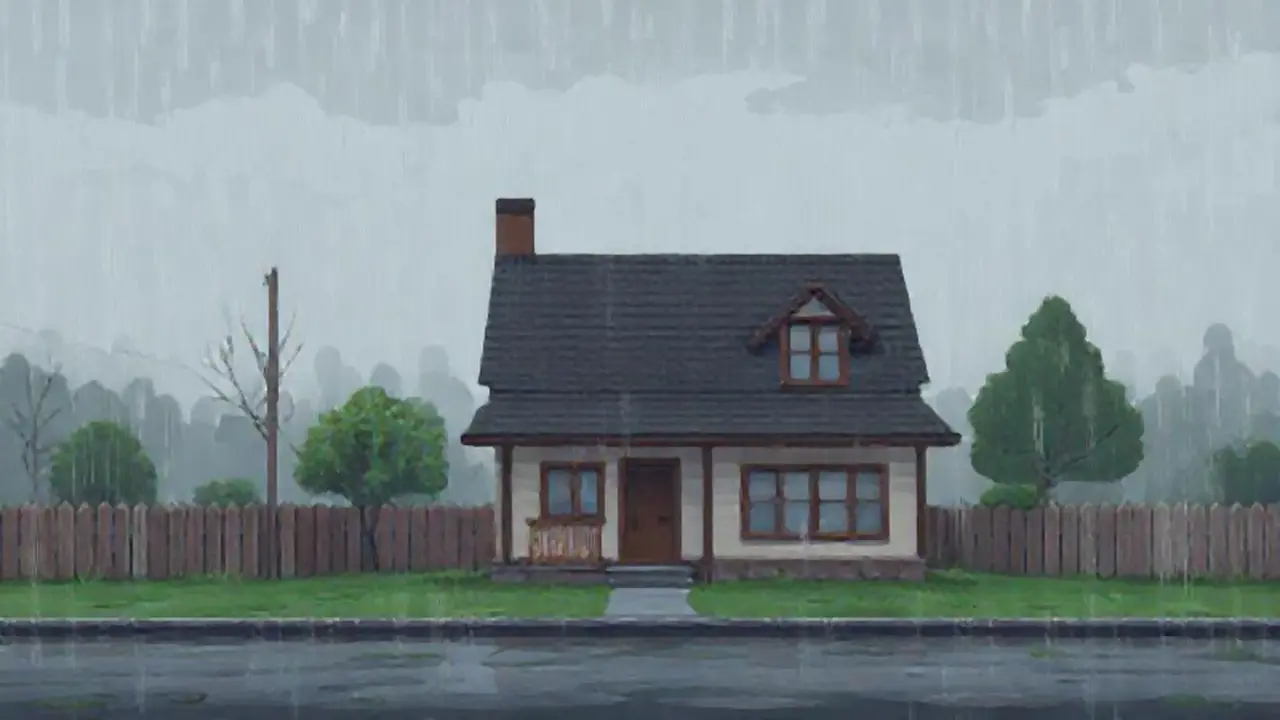 Casa gris en lluvia vacía