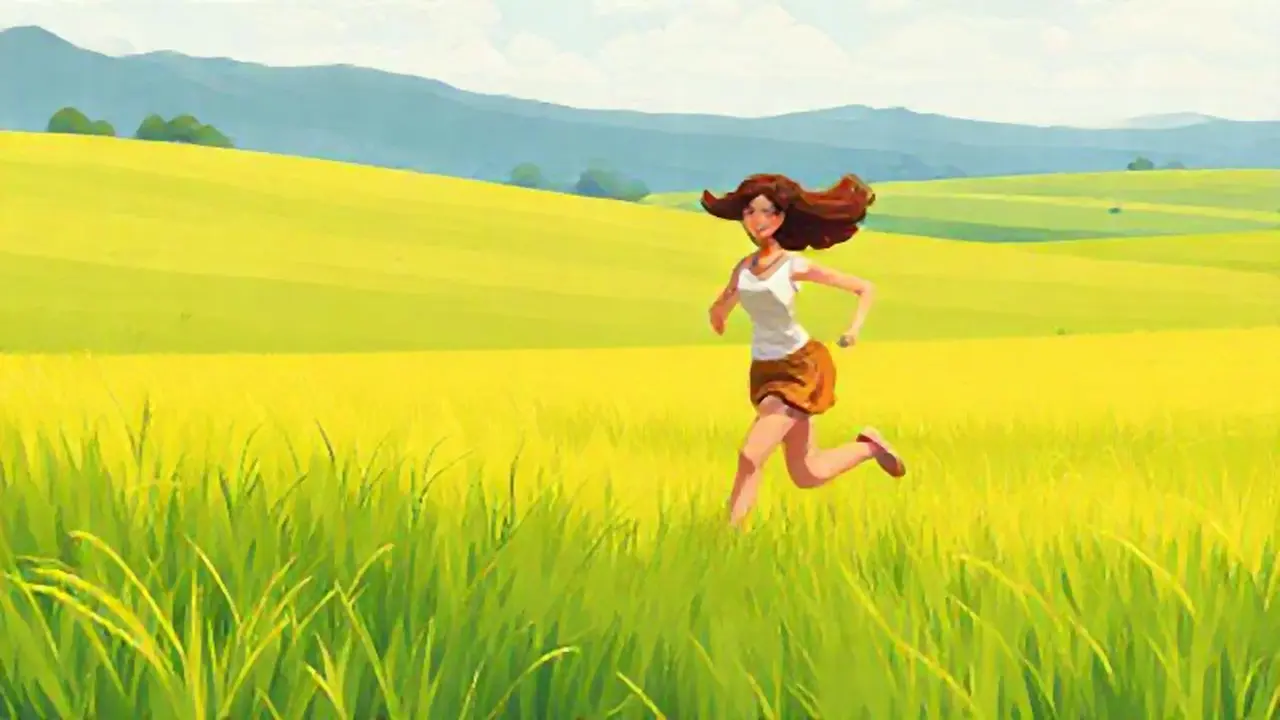 Mujer corre por el campo verde