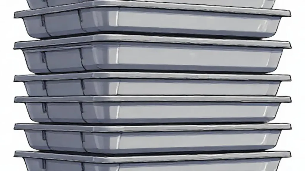 Trays de plástico grises apilados