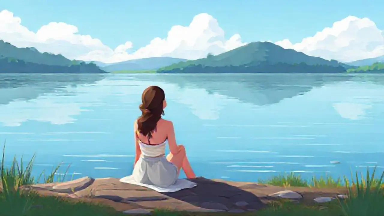 Mujer junto al río tranquilo